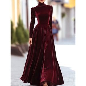 NEW! Mooyius Velvet Long Sleeve Gown Dress Burgundy Red SZ S